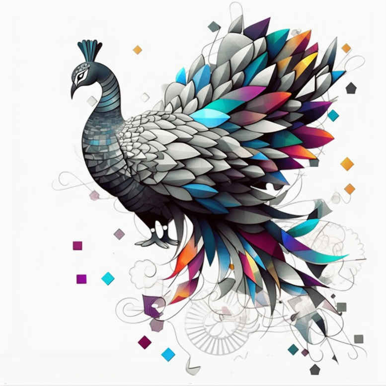Colorful peacock with a radiant fan of multicolored feathers and geometric accents; a tattoo design concept for a project; not intended as a cover-up.