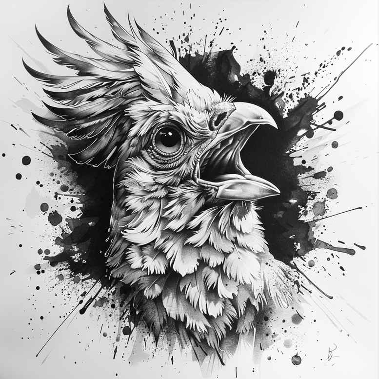 Rooster head in black and grey with detailed feathers, ink splatter background; AI-generated tattoo project; suitable for cover-up.