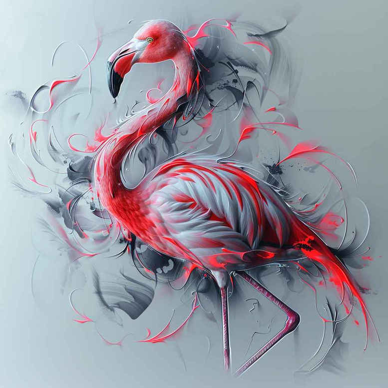 Flamingo with pink watercolor splashes on light blue background; a tattoo project idea, suitable for cover-up.