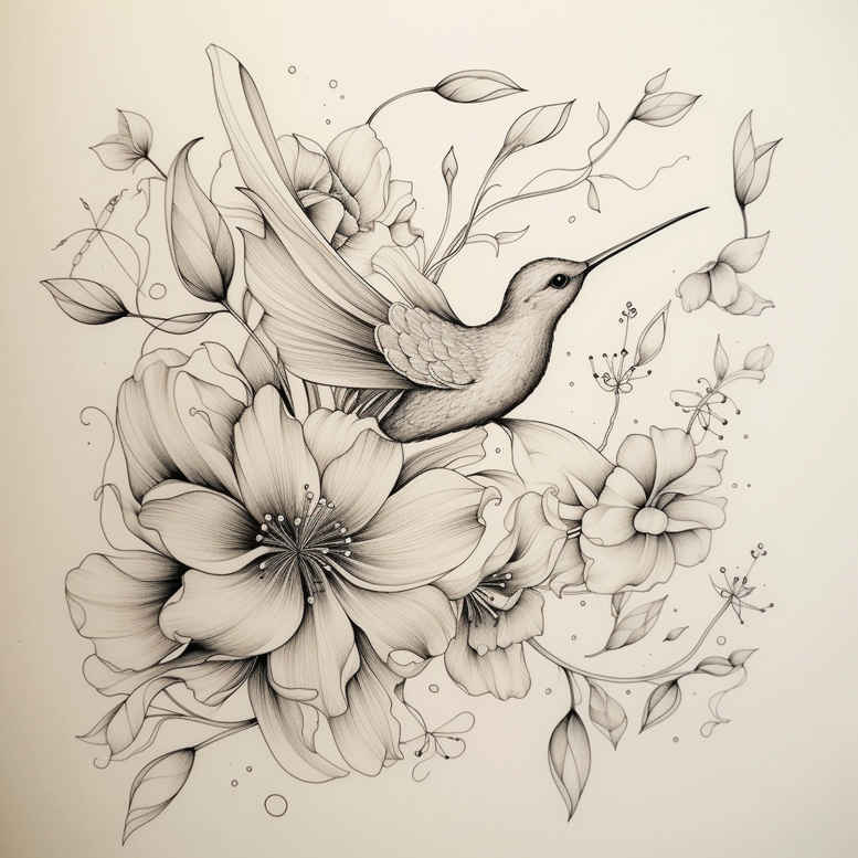 Hummingbird with hibiscus flowers in black and grey pencil sketch; tattoo design idea, project-ready and suitable for a cover-up.