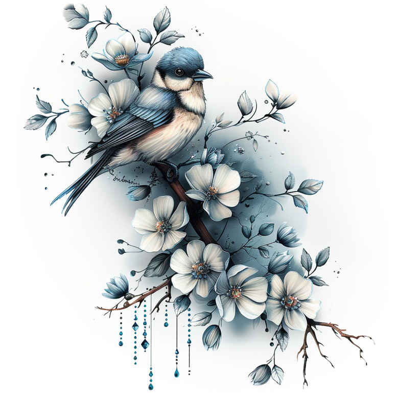 Colorful watercolor tattoo idea: a blue bird perched on a brown branch among white blossoms and green leaves; a project concept, not ideal for cover-up.