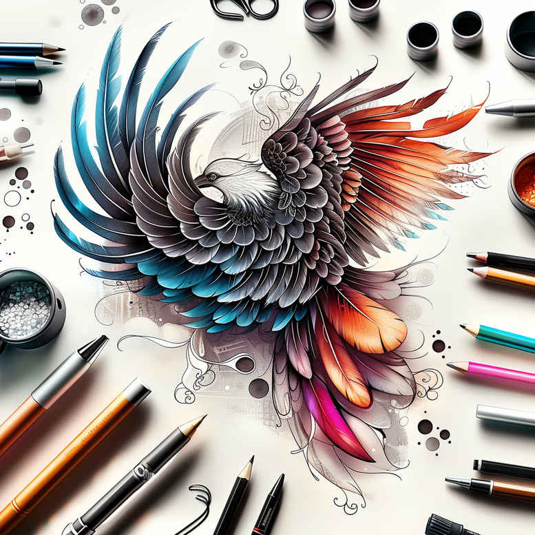 Colorful phoenix with blue, teal, orange and red feathers; surrounded by brushes and inks; a color-rich tattoo design concept, suitable as a cover-up idea.