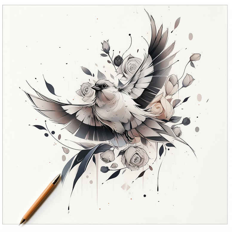 Brush and watercolor floral composition in black and grey with peach accents; AI-generated tattoo project; suitable for a cover-up.