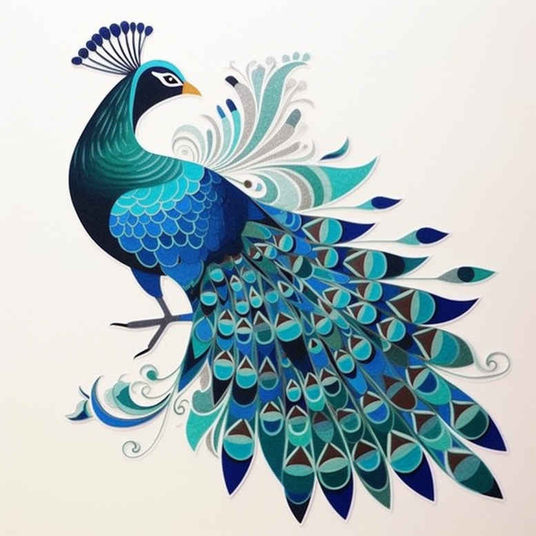 Peacock with teal, blue, and turquoise feathers in a detailed pattern; color tattoo concept; project idea; cover-up: not ideal.