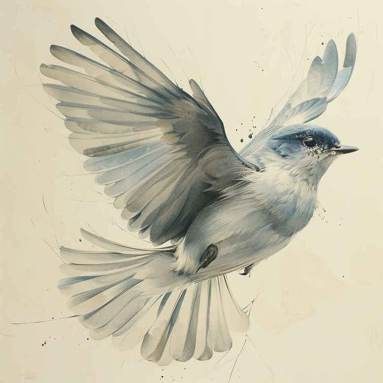 Bird in flight in blue-gray watercolor tones with white highlights; tattoo design idea, not a cover-up.