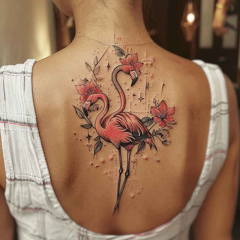 Back tattoo featuring a pink flamingo with flowers and leaves in color; colorful project idea.