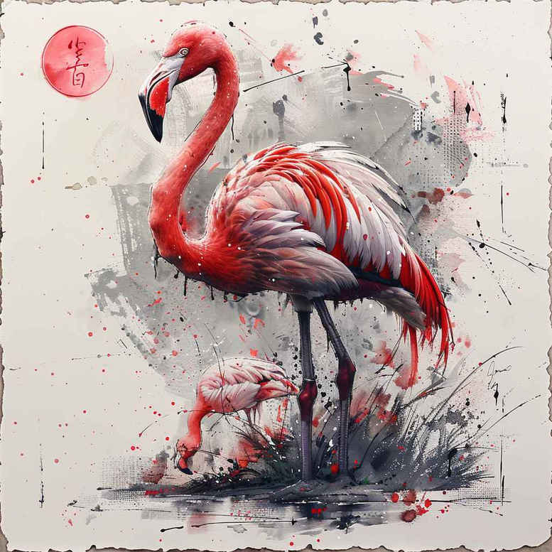 Flamingo, water, pink sun, and grey wash splashes in color; tattoo design idea, a project concept, not for cover-up.