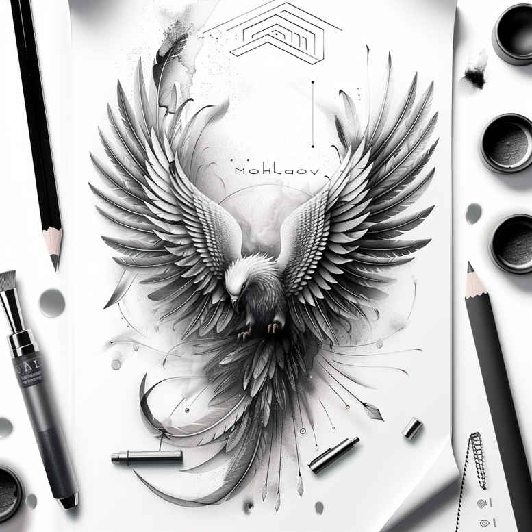 Black and grey pencil sketch of wings and skull on paper, with hexagon shape and studio tools (pencils, pens, ink and brush) visible; AI-generated tattoo project, cover-up ready; pattern element.