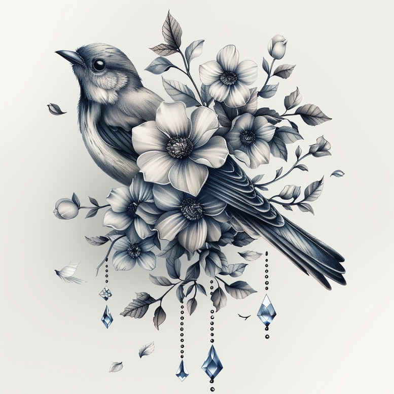 Bird, branch, flower, and hanging crystals in black and grey; tattoo project idea; not necessarily for cover-up.