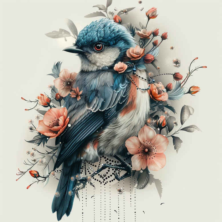Bird, flower, and branch in blue and pink watercolor; color tattoo concept; project idea; not a cover-up.