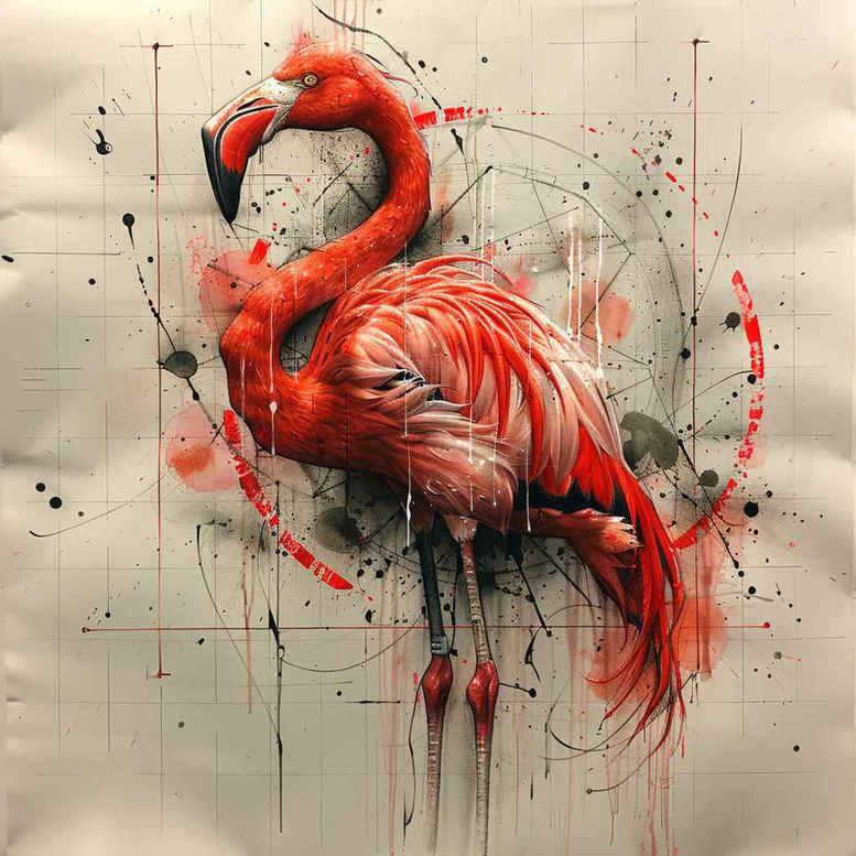 Flamingo with pink-red feathers, watercolor splash, and ink lines; color full; project idea; suitable as cover-up.