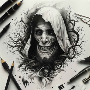 dark-motif-tattoo – tattoo design ideas free ai generated – surrealism-altered-reality – for-lower-chest – Gallery: other-dark-inkby-ai