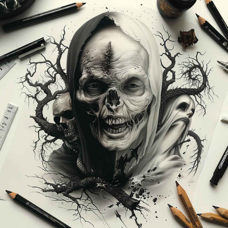 dark-shadow-tattoo – tattoo design ideas free ai generated – neotraditional-layered-fill – for-side-torso – Gallery: other-dark-inkby-ai