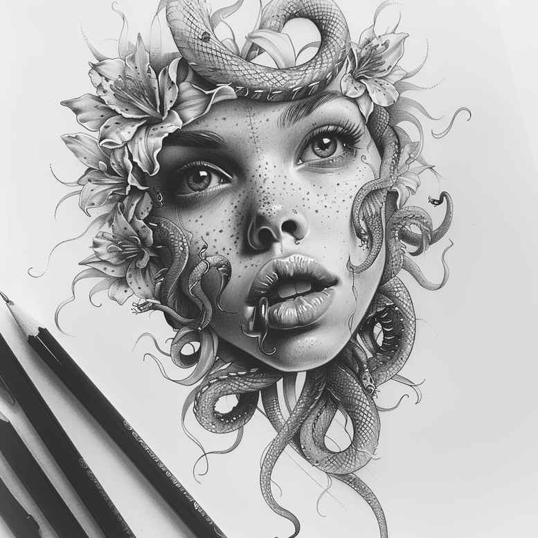Face of a woman in black and grey ink with a serpent entwined around the head and a floral accent; AI-generated tattoo project for cover-up.