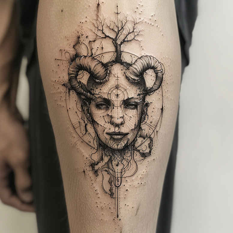 Face of a woman with ram horns in black and grey, intricate fine-line shading; a cover-up tattoo design project.
