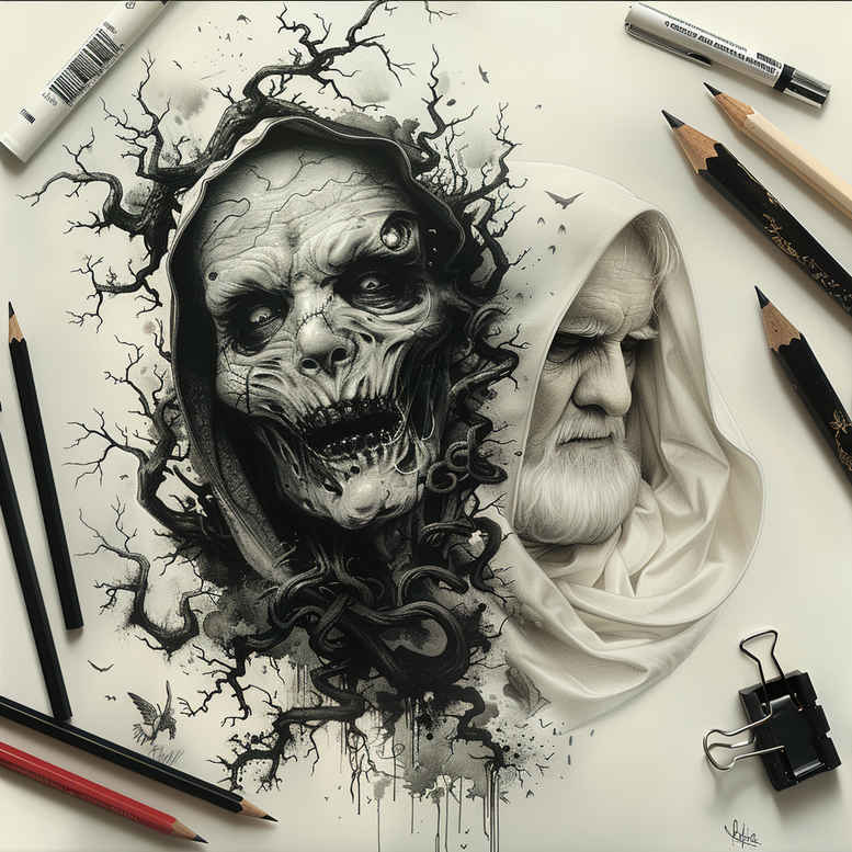 AI-generated tattoo project: Skull, tree, and hooded figure in black and grey, with pencils, ink, robe, and paper visible; pattern ready for a cover-up.