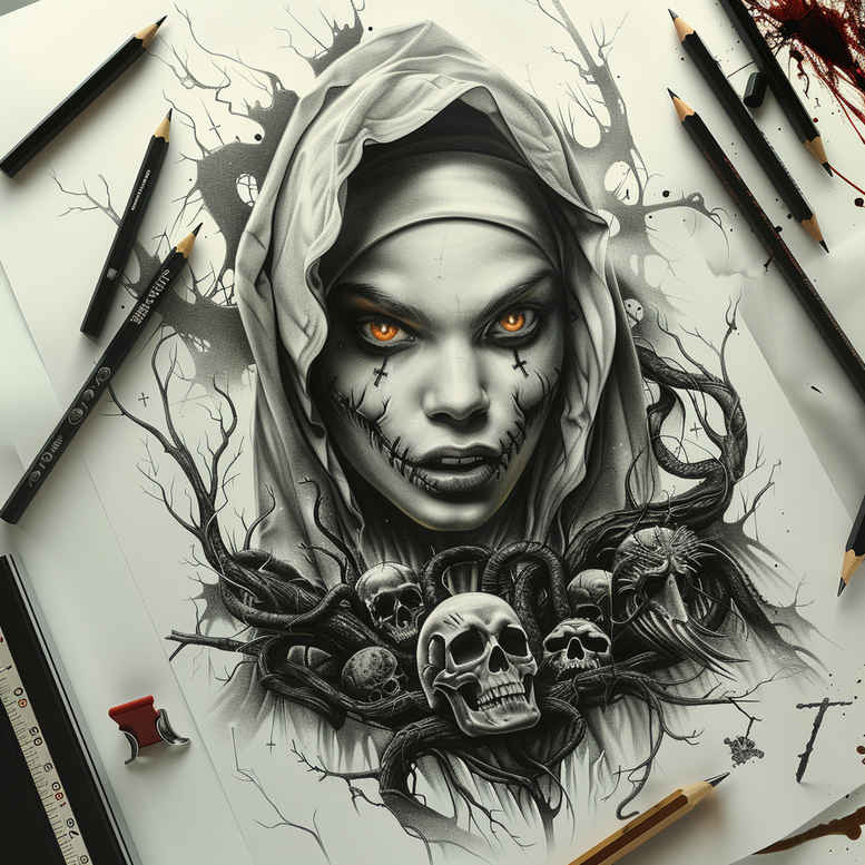 Portrait of a hooded woman in black and grey with skulls, twisting branches, and flowers; tattoo design project, ideal for a cover-up.