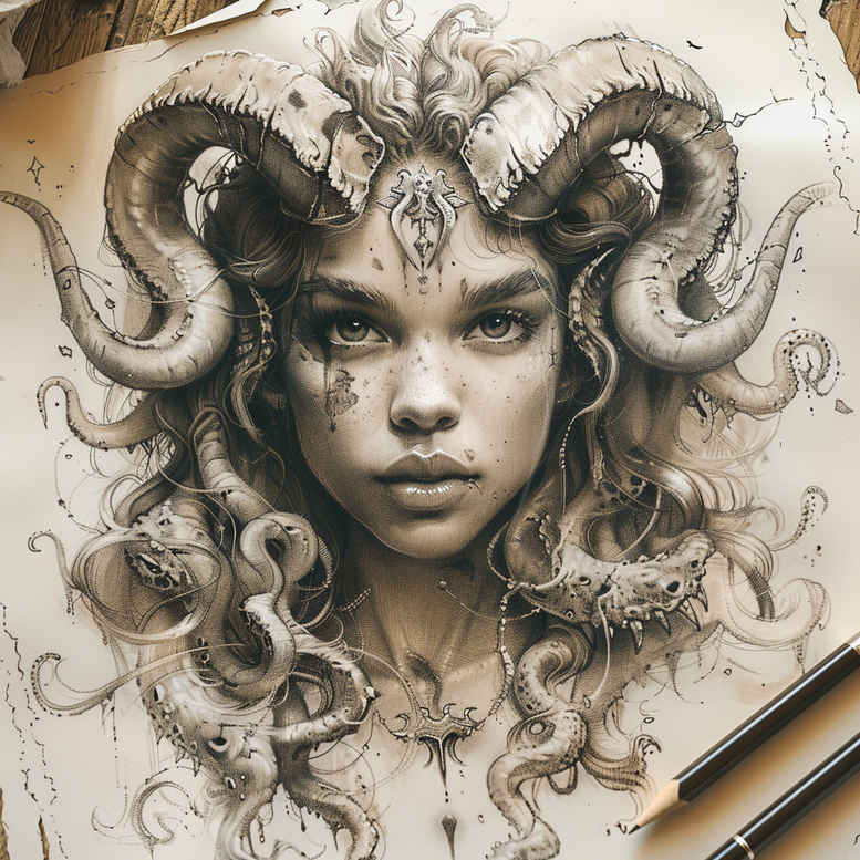 Face with horns, snakes, jewel, and necklace in black and grey; AI-generated tattoo project, suitable for a cover-up.