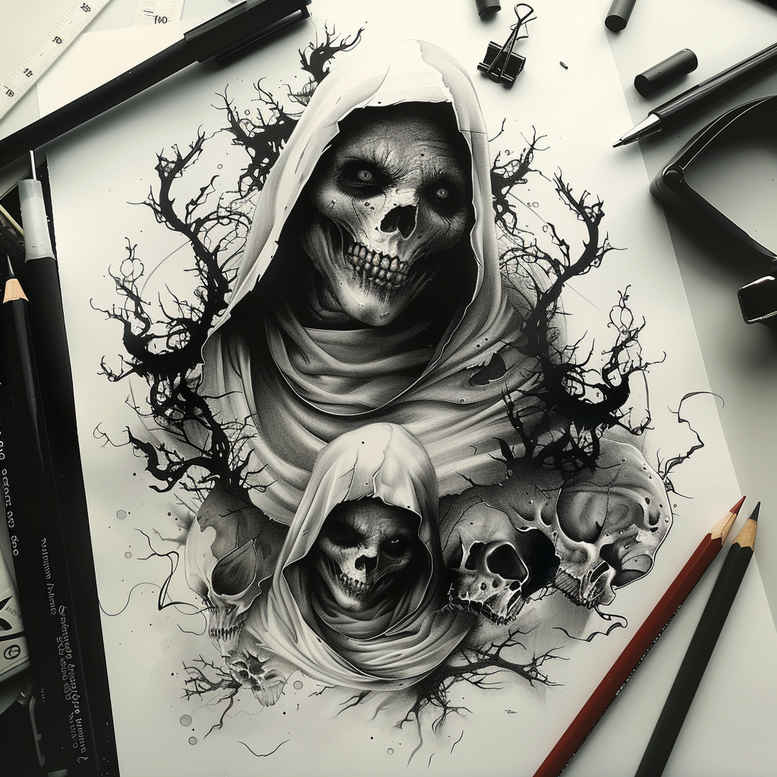 Hooded figure with a skeletal face, bare branches and trees in black and grey; cover-up project tattoo design idea.