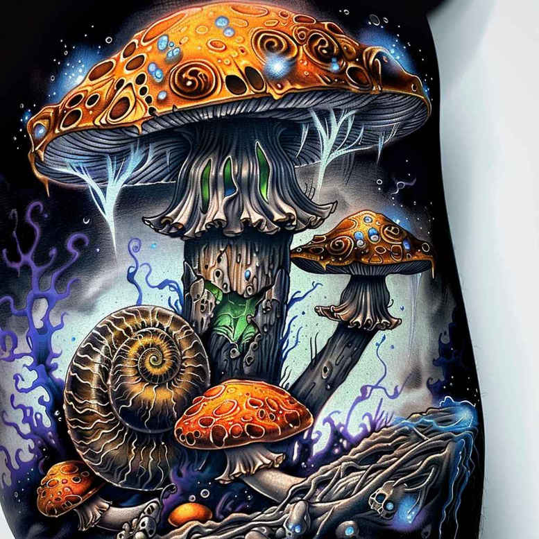 Glowing orange mushrooms with blue jellyfish tentacles on a dark background, plus seaweed and coral accents; color tattoo project idea; suitable for a cover-up.