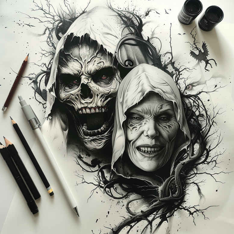 Two black and grey skulls with a hooded figure among branches, drawn in pencil and ink; a tattoo design idea for cover-up.