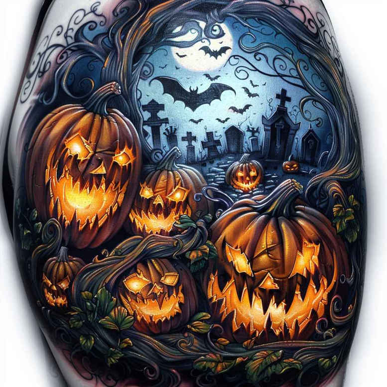 Colorful realism tattoo design: pumpkin, tombstone, bare tree, moon, and bat elements set in a Halloween cemetery scene; AI-generated tattoo project, ideal for a cover-up.