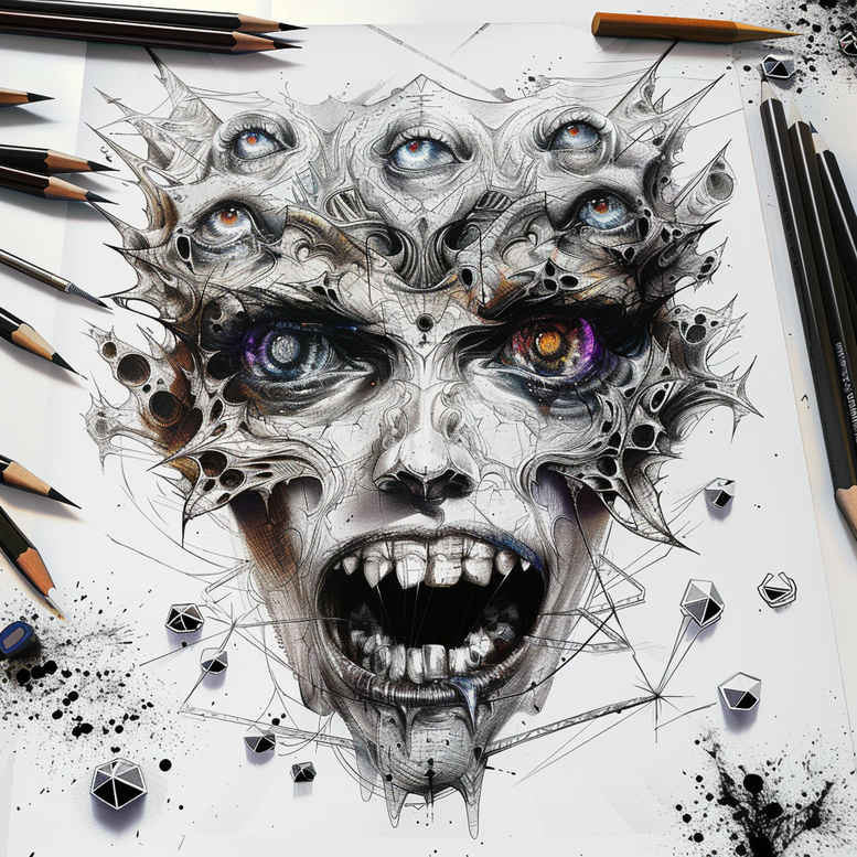 Face with a screaming mouth and an eye in black and grey; pencil sketch on paper, tattoo design concept for cover-up.