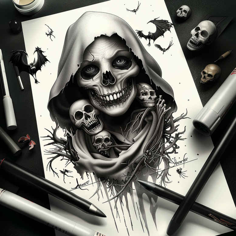 Cover-up-ready tattoo design featuring a hooded skull figure, skeleton, and bare branches in black and grey.