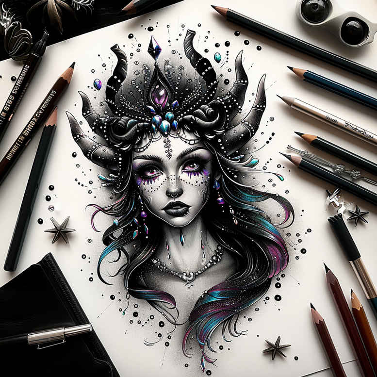Woman portrait with crown and jewel, flowing hair, stars and ink splatters in black and grey; tattoo design concept, project for cover-up.