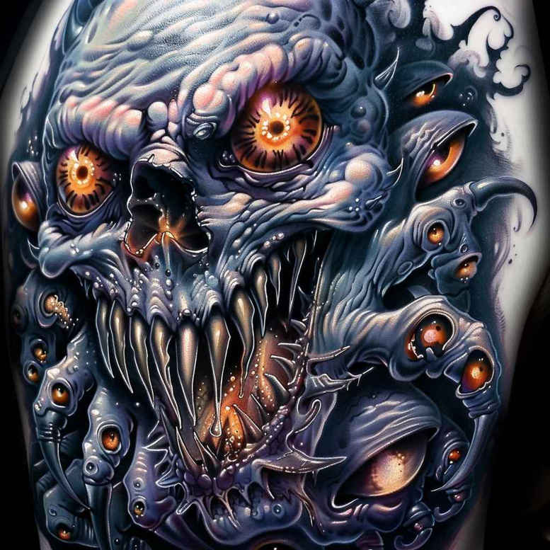 Dark black and grey cover-up tattoo design featuring a skull, eye, mouth, and tentacle forms; AI-generated project idea for cover-up.