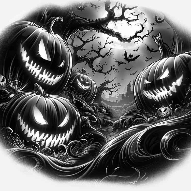 Black and grey; three jack-o-lantern pumpkins among twisting trees with bats; tattoo project idea perfect for cover-up.