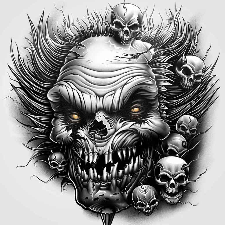 Central skull with surrounding skulls and flames in black and grey; tattoo design concept for a cover-up project.
