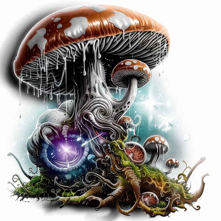 Mushroom (red cap with white spots), glowing purple orb, twisting vines, moss, and roots; full color; project idea; suitable for cover-up.
