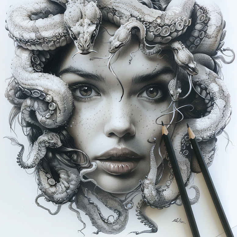 Portrait of a woman's face with snakes entwined around her head in black and grey; a tattoo project idea, suitable for a cover-up.