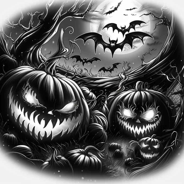 Pumpkins, bats, moon, trees, and fog in black and grey; a tattoo project concept suitable for a cover-up.
