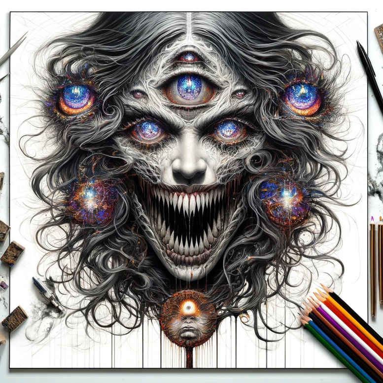 Face with multiple eyes and a skull-like mouth, dark flowing hair in black and grey with blue irises; AI-generated tattoo project concept, cover-up ready.