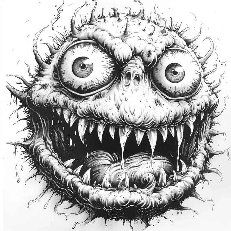 Monster head with eye, tooth, spike, and fur in black and grey; tattoo project; suitable for cover-up.