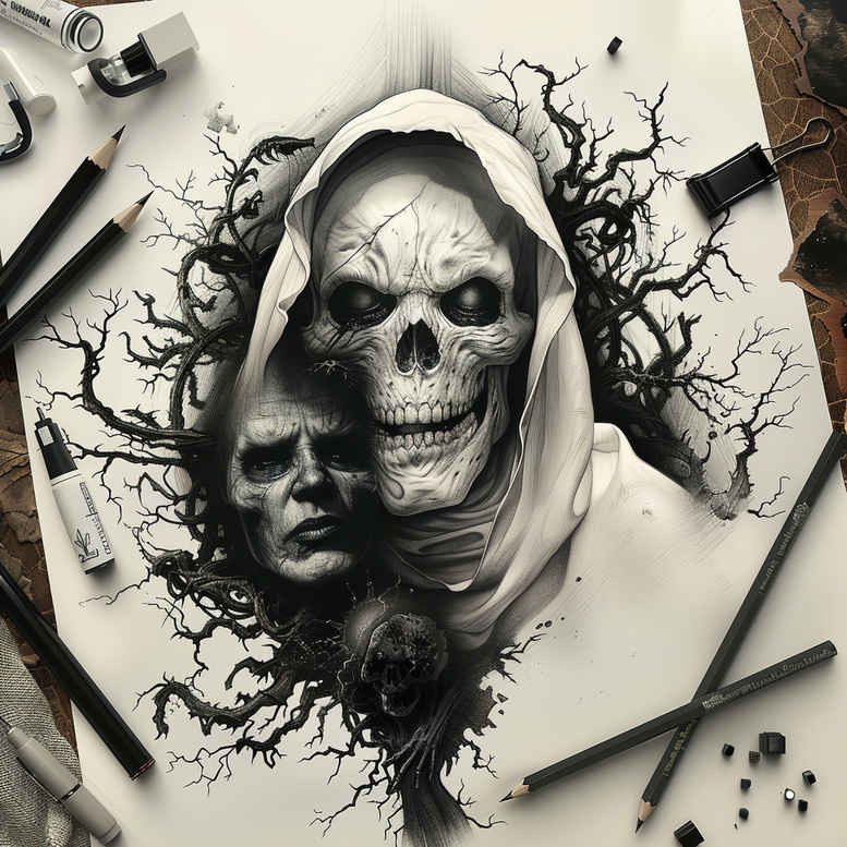 Skull and hooded figure surrounded by dark branchwork; black and grey tattoo design project; visible pen and brush tools; perfect for a cover-up.