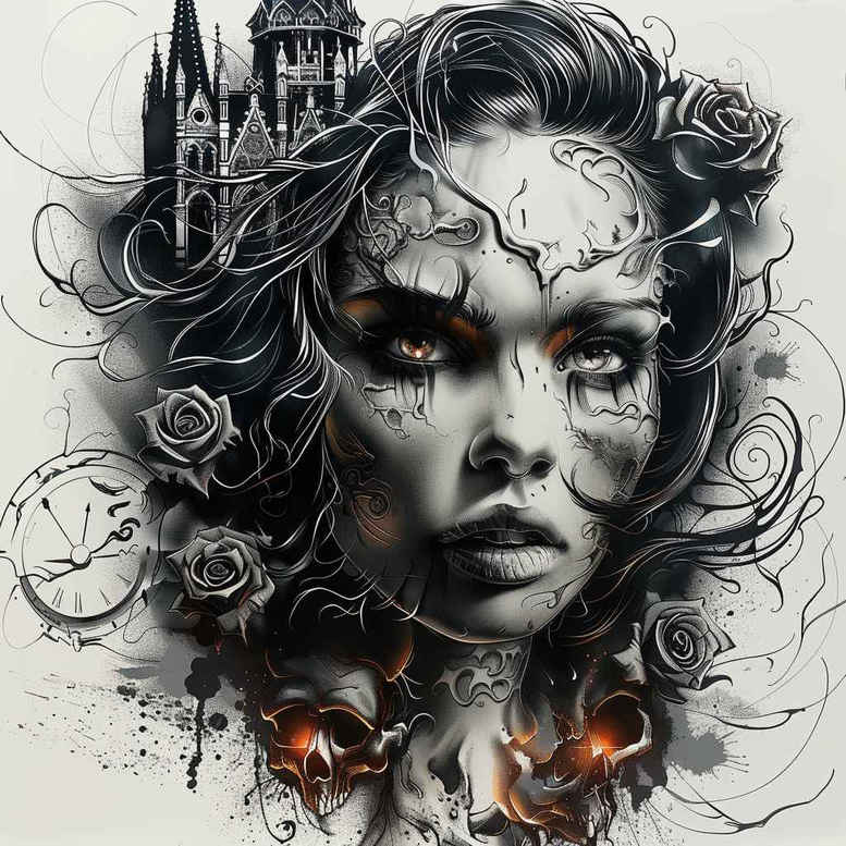 Black and grey cover-up tattoo project featuring a gothic female portrait, clock, rose, hair, and ink splatters; realistic style.