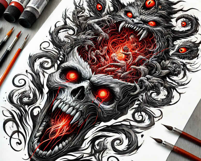 Skull with flames, eyes, swirls, pattern; black and grey with red accents; AI-generated tattoo project for cover-up.
