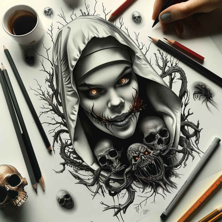 Hooded grim reaper portrait in black and grey with skulls, roses, and branches; tattoo design idea for a cover-up.