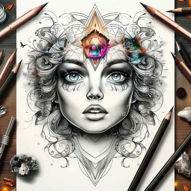 Portrait of a woman's face in black and grey with ornate tiara, central gem, and delicate filigree; tattoo design concept, ideal for cover-up.