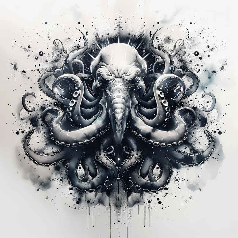 Octopus, tentacle, ink, splash in black and grey; pattern-centered cover-up project.