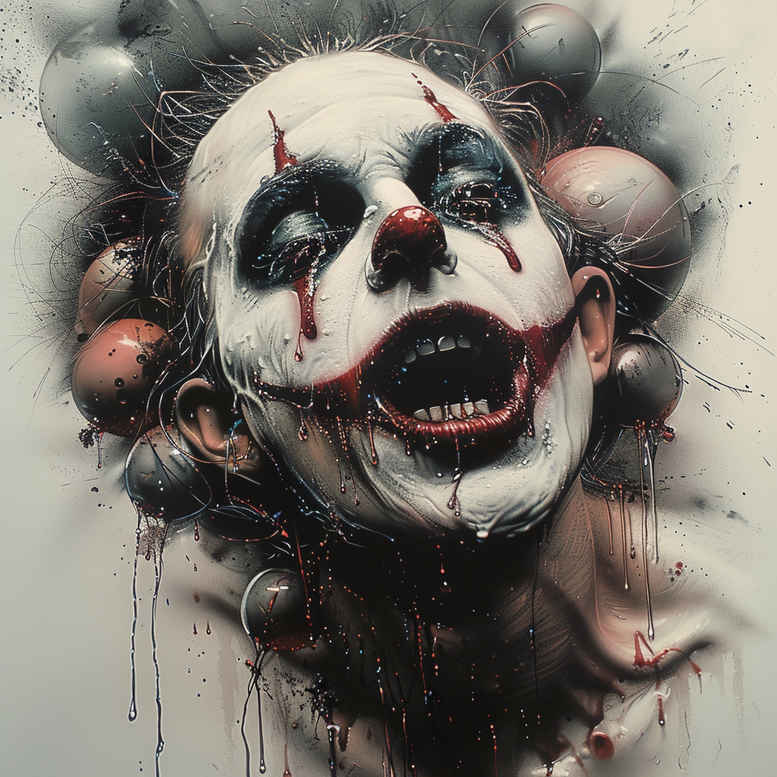Clown face with white skin, black and red makeup, red nose, dripping paint; black and grey tattoo project, AI-generated, ideal for cover-up.