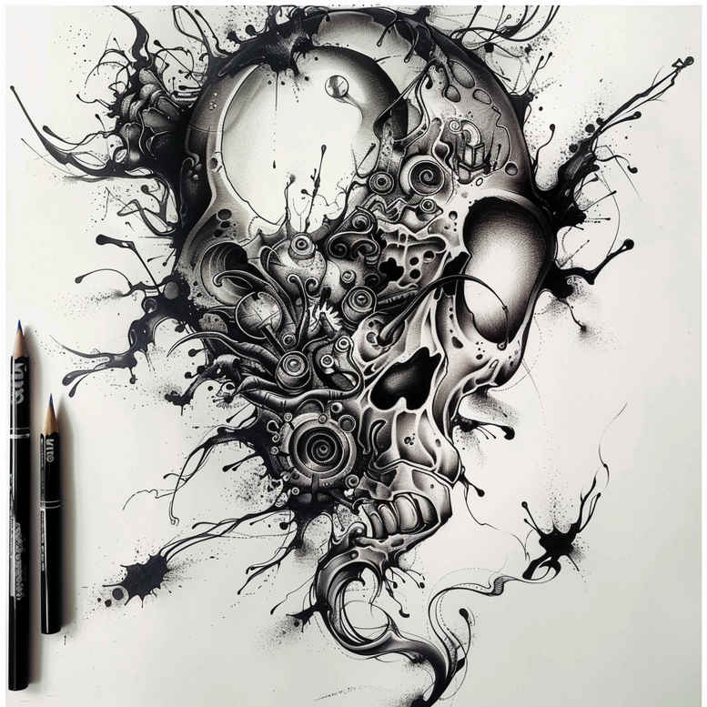 Skull with swirling black ink patterns on white paper; pencil and stray ink splatters visible; black and grey tattoo design idea, ideal cover-up.
