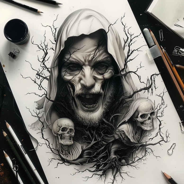 Grim reaper in black and grey with skulls and twisting branches; AI-generated tattoo project, ideal for a cover-up.