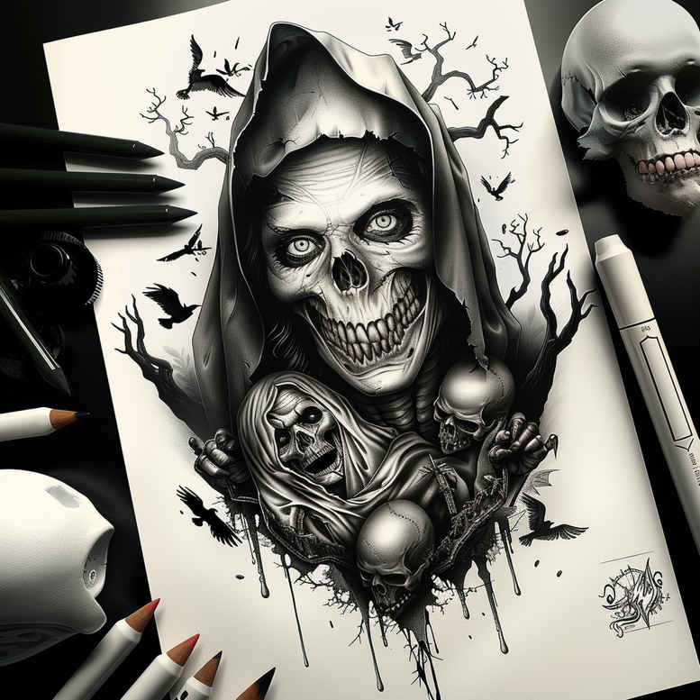 Black and gray hooded skull tattoo with bone details; pattern-rich cover-up concept for tattoo design, AI-generated project.