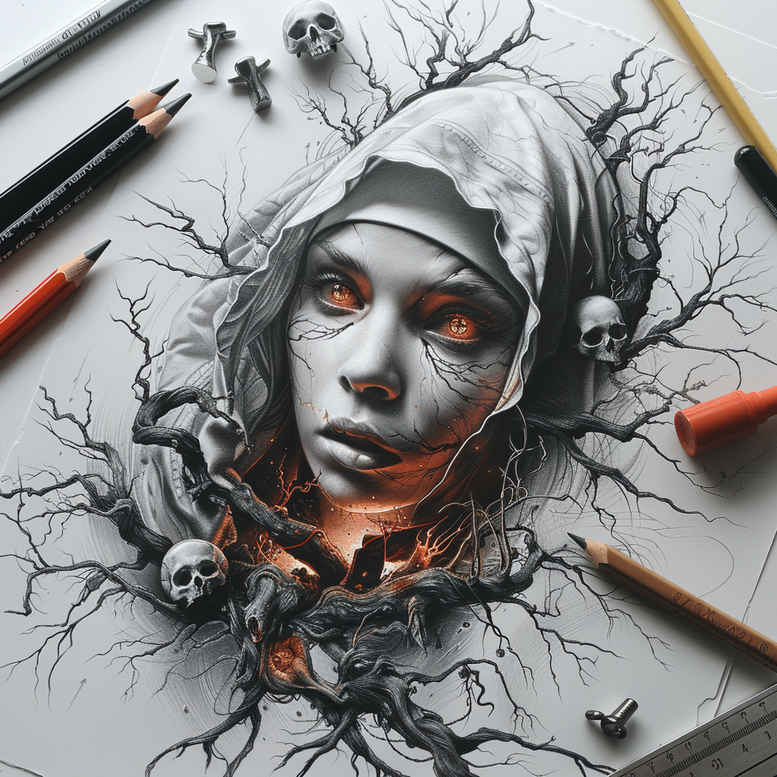 Hooded female face with branches and skulls in black and grey with orange highlights; cover-up-ready tattoo design concept.