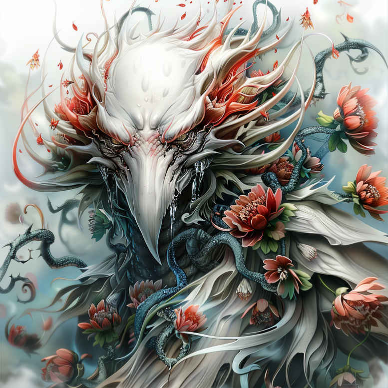 Bird skull with feathers and red roses in a dark cover-up friendly fine line tattoo design, colorful.