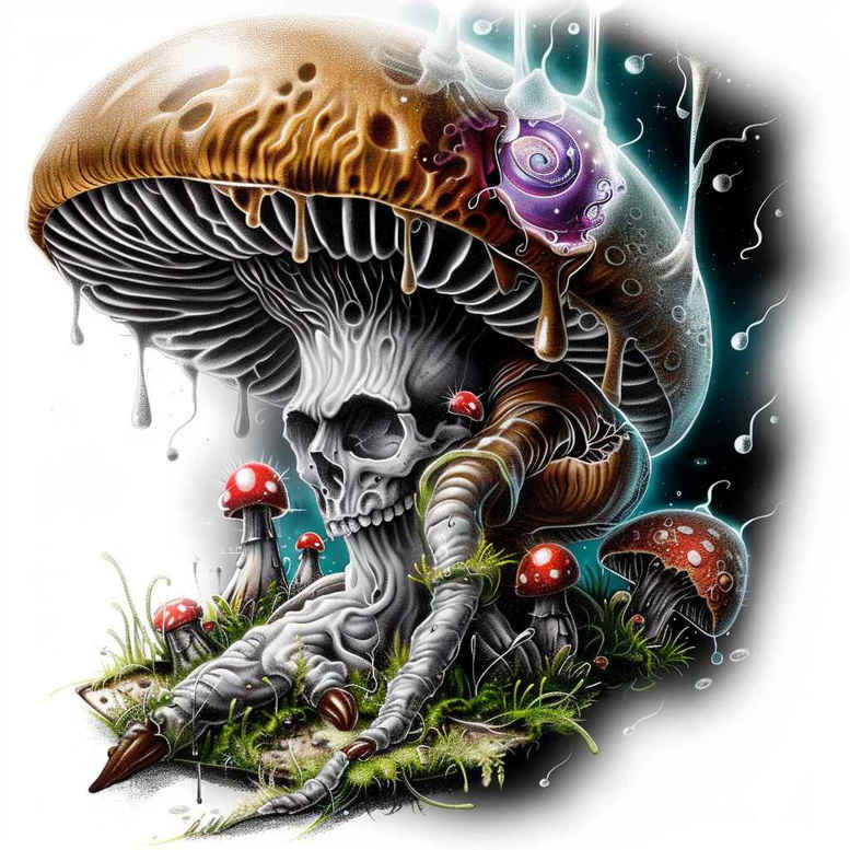 Skull figure with mushrooms and twisting roots in a vibrant color palette; a tattoo design idea, AI-generated project, suitable for cover-up.